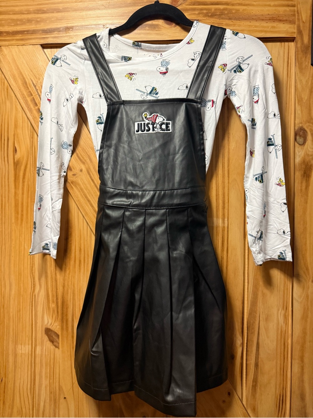 Justice Black Faux-Leather Pinafore Dress with White Graphic Tee